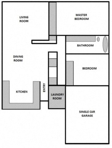 Floor plan for 2 beds, 1 bath, 1056 sqft